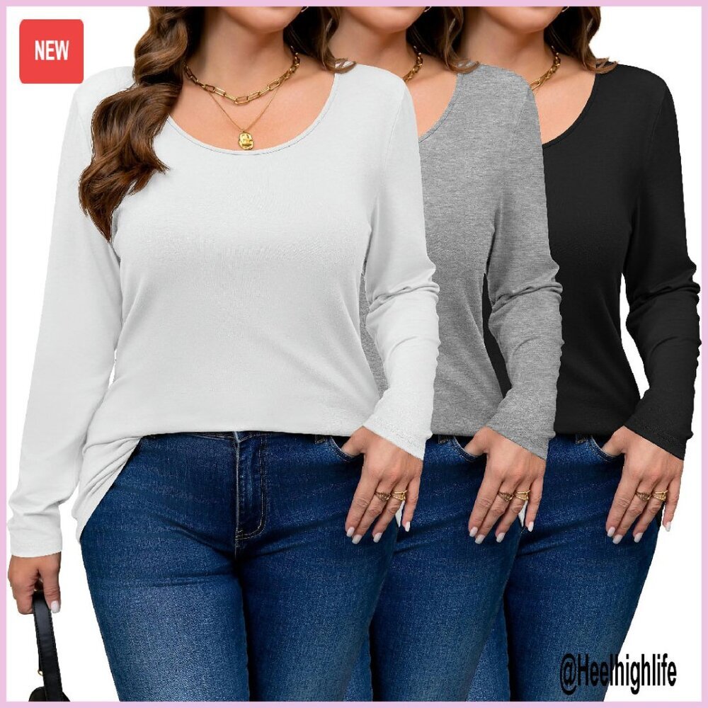 Plus Size Long Sleeve Scoop Neck T-Shirts 3 Pack Loose Fit Tunic Tops